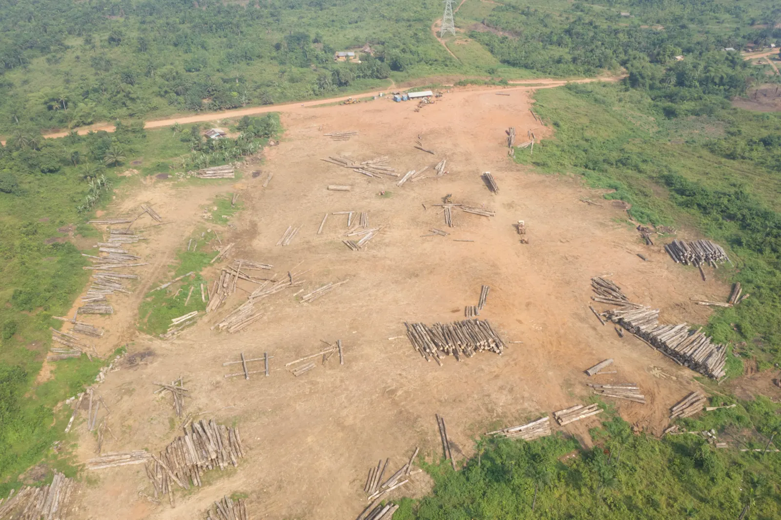 Aerial view of AW&L log yard with tagged tropical hardwood logs, Liberia