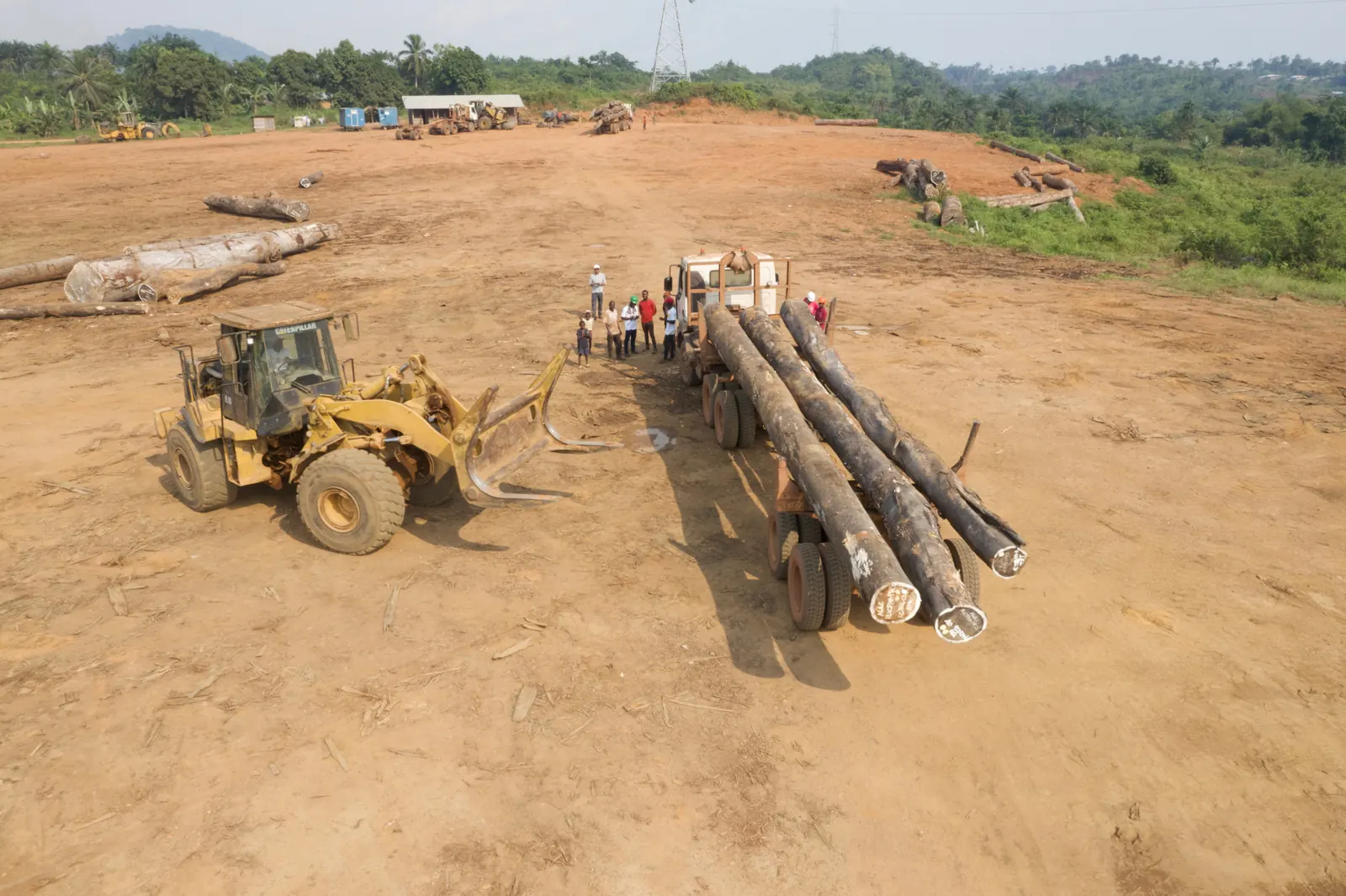 Wheel loader handling logs at AW&L log yard in Liberia